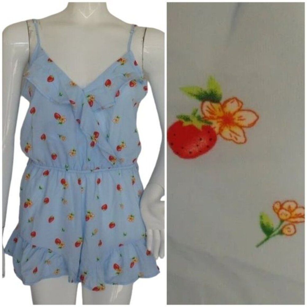 new LYDELLE Romper, Jr S, Blue/Strawberry print, Ruffles, Spaghetti Straps
